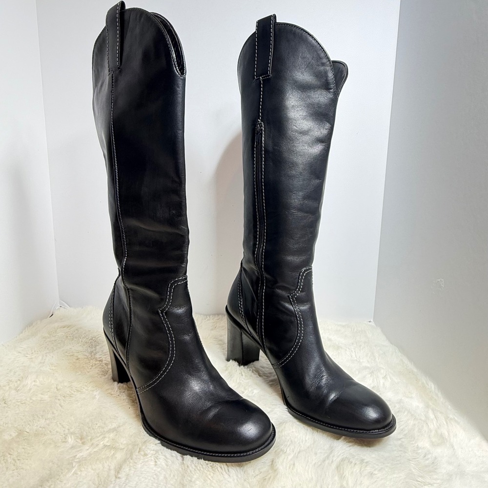 Franco Sarto Women Vintage Riding Western Black Boots 9M Block Heel Y2K Cowgirl